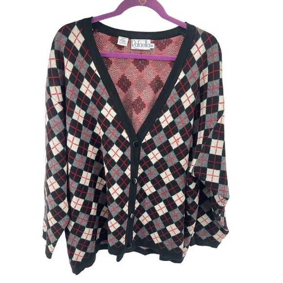 Rafaella Womens Cardigan Sweater Check Button Merino Wool Acrylic Black Red 3X - Picture 4 of 8